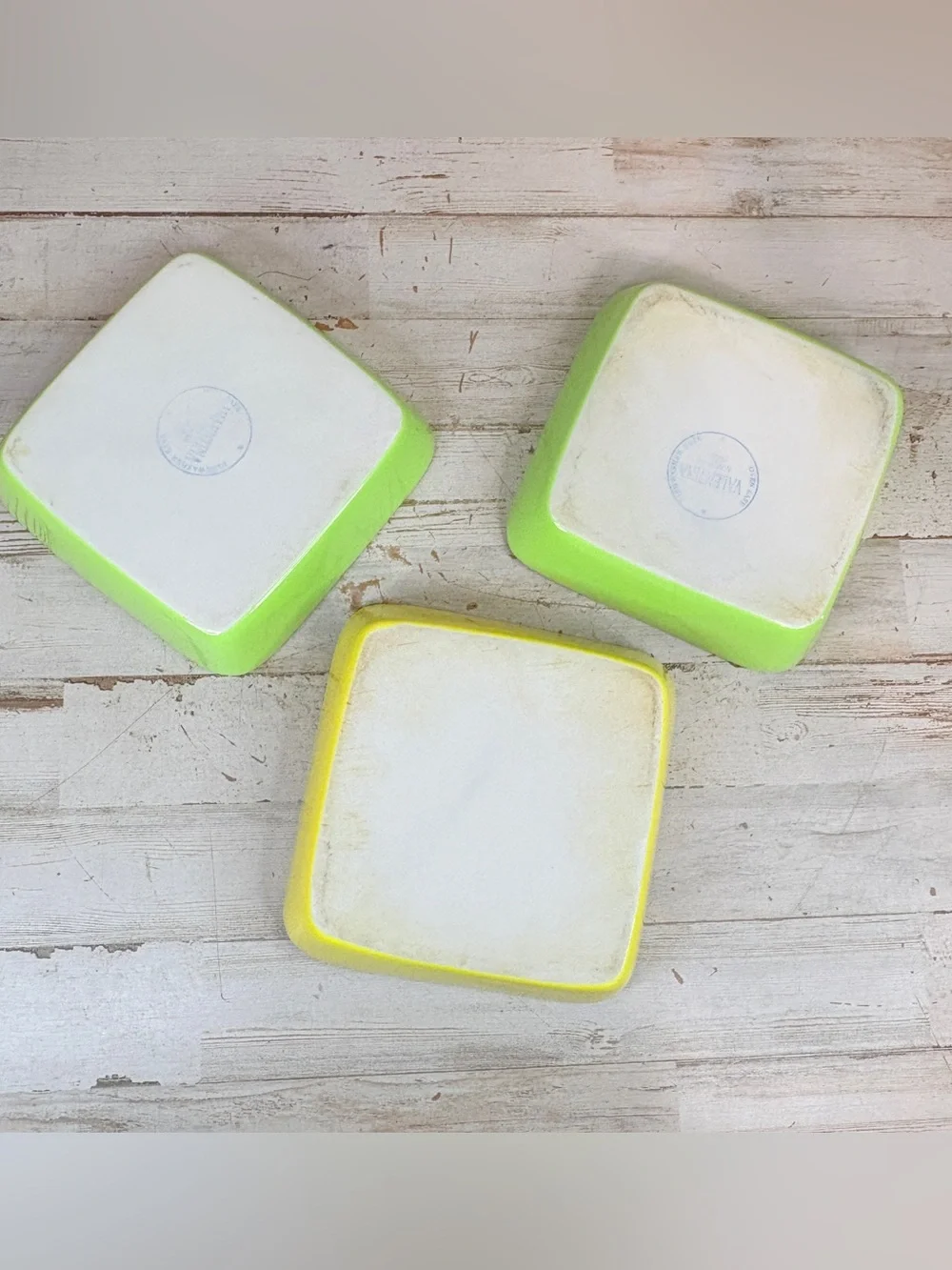 Lot Of 3 Vintage Valentina Yellow Green Scalloped Edge Stoneware Baking Dish